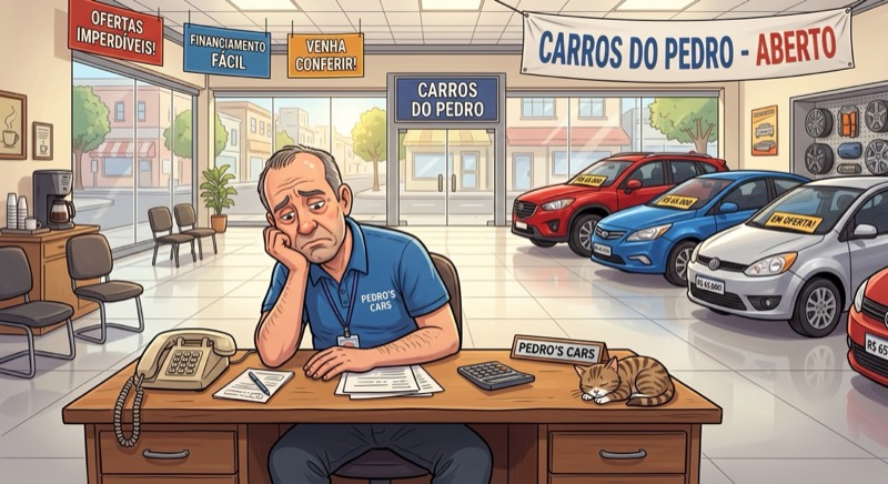 Vendedor de carro triste, sozinho, com a loja vazia