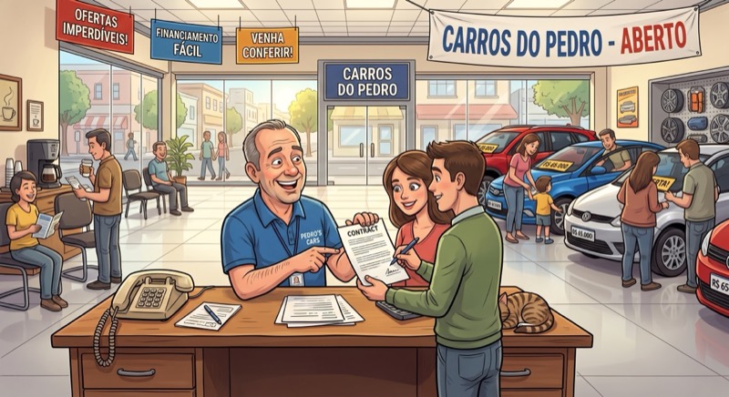Vendedor de carro feliz, negociando com cliente dentro da loja