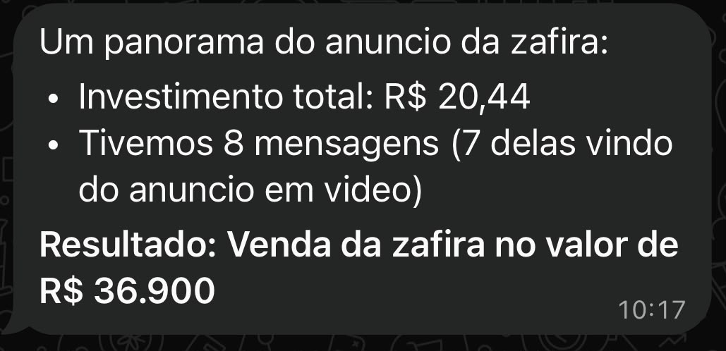 Print de resultado: Zafira, investimento R$ 20,44, 8 mensagens, venda de R$ 36.900,00
